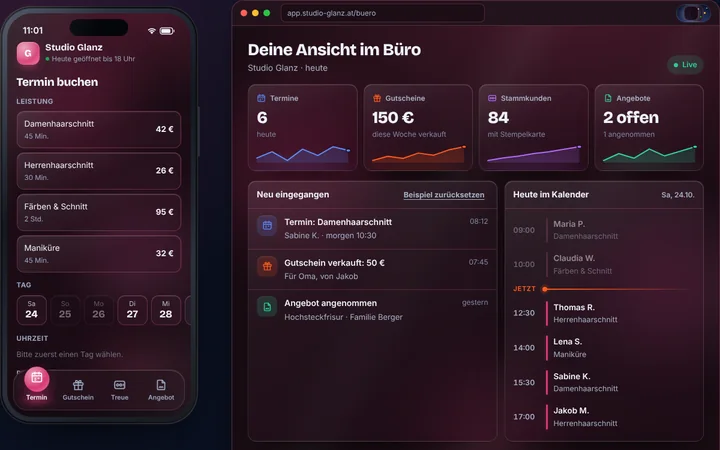 Betriebs-App: eigene App mit Terminbuchung, Gutschein, Stempelkarte und Angebot