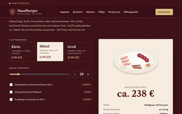 Platten-Rechner einer Fleischerei: Größe und Personen wählen, Preis rechnet live mit