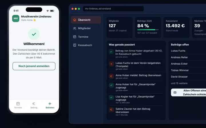 Vereins-App: Mitglieder-App am Handy und Übersicht für den Vorstand mit Mitgliedern, Beiträgen und Kassastand