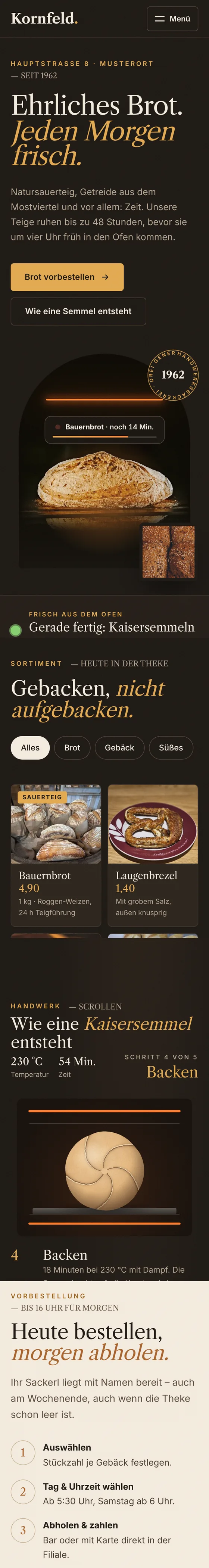 Beispiel Bäckerei Kornfeld mit Sortiment und Vorbestellung