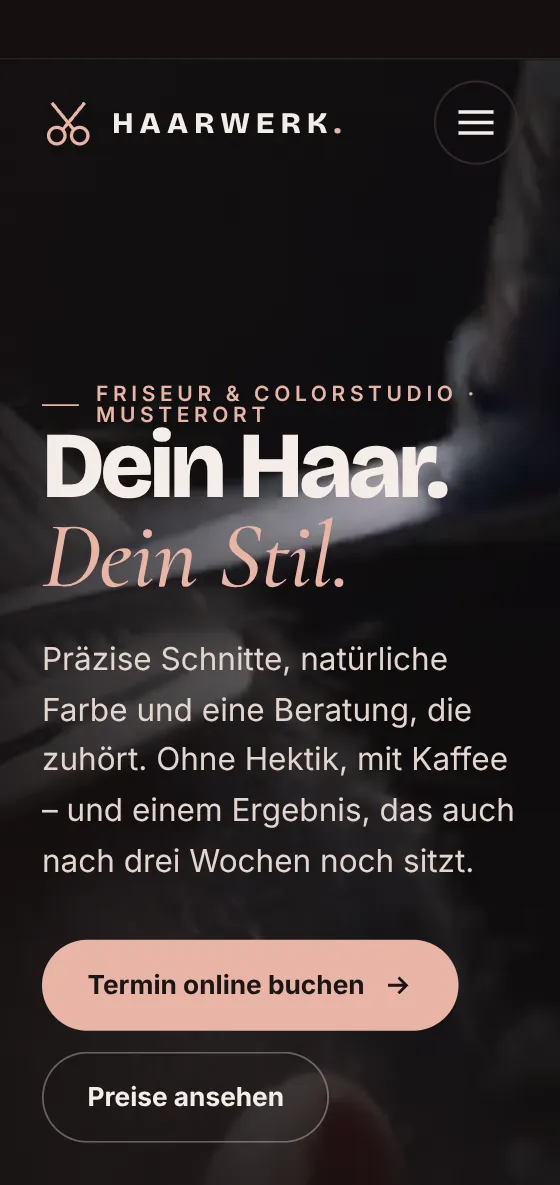Beispiel Friseur Haarwerk Studio, dunkel mit Online-Termin