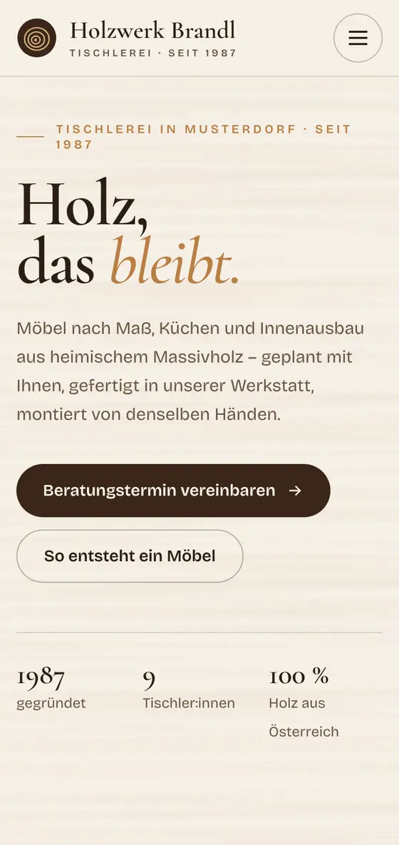 Beispiel Tischlerei Holzwerk Brandl mit Holzarten und Galerie