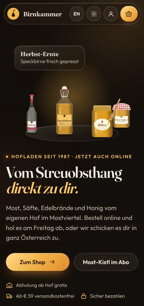 Beispiel Hofladen Birnkammer mit Online-Shop, Warenkorb und Kundenkonto