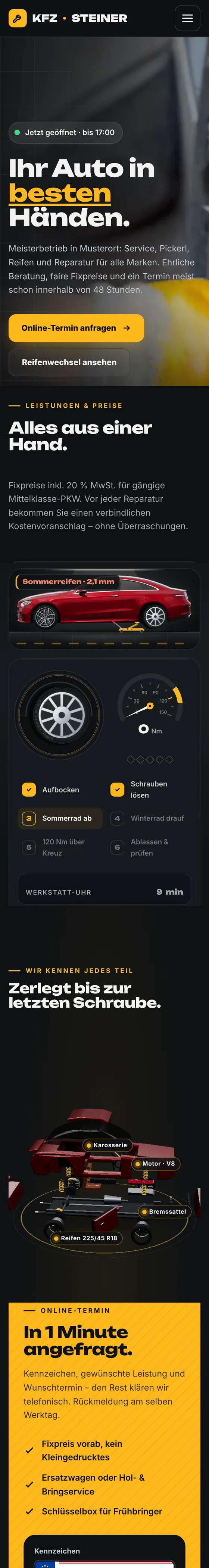Beispiel Autowerkstatt KFZ Steiner mit Termin-Anfrage, Pickerl und Reifenwechsel